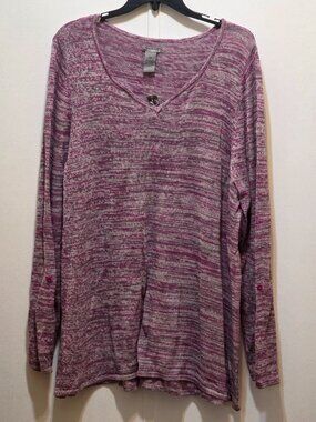 New Directions Weekend Purple & Gray Blended Sweater V-Neck Roll Tab Knit 3X New
